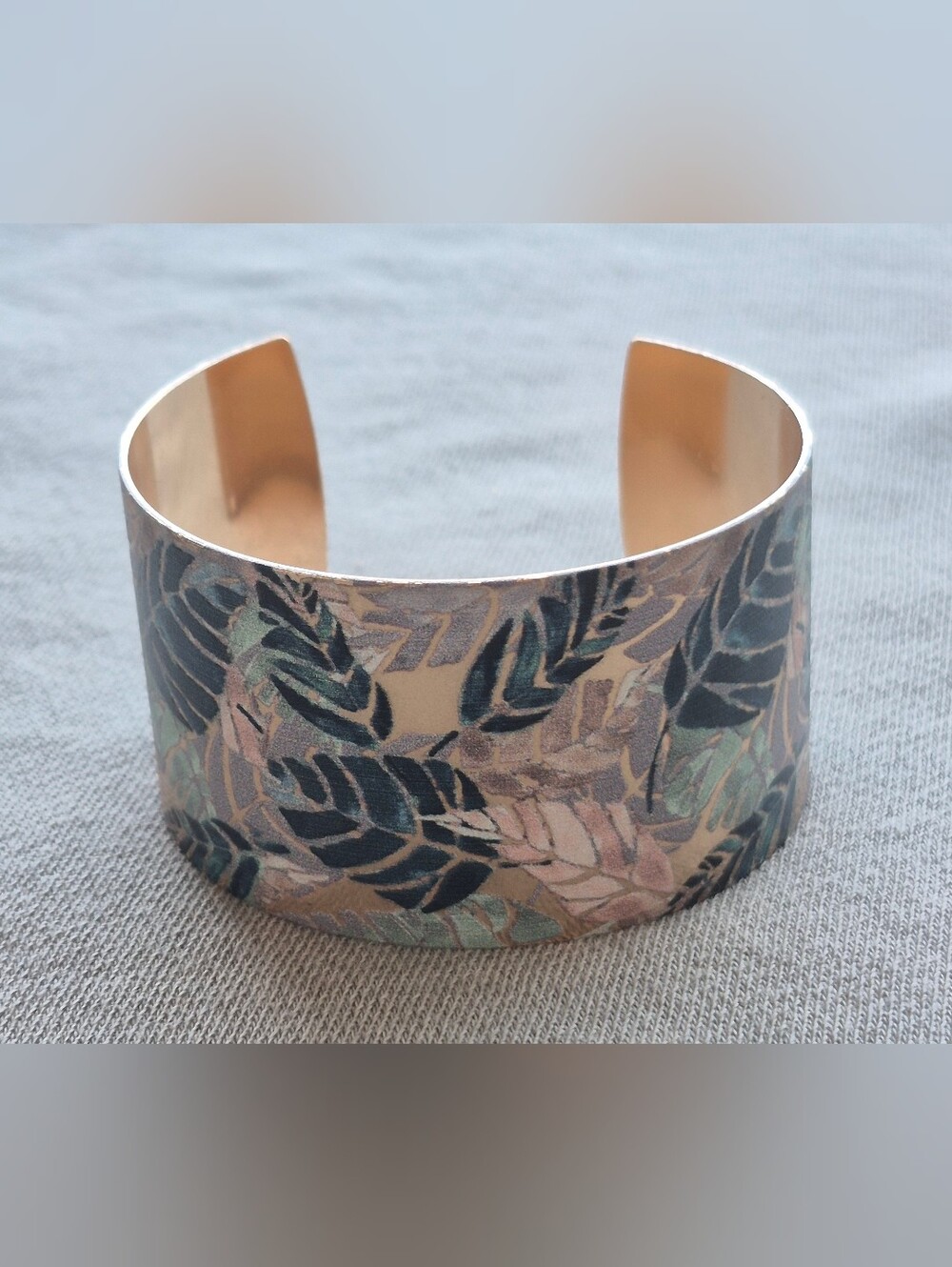 Women's Leaf-Print Metal Cuff Bracelet in Multi-Color